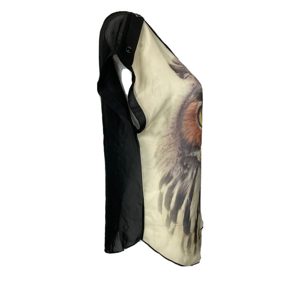 Wet Seal Shirt Womens Sz M Black Beige Owl Print Sheer Scoop Neck Top Blouse‎ - Picture 3 of 9
